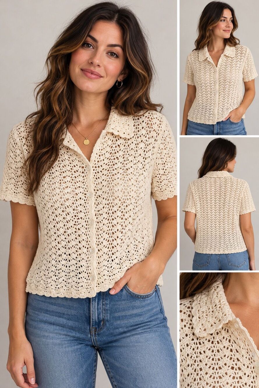 Vintage St Michael Marks & Spencer Cream Crochet Knit Button Front Top – Women’s